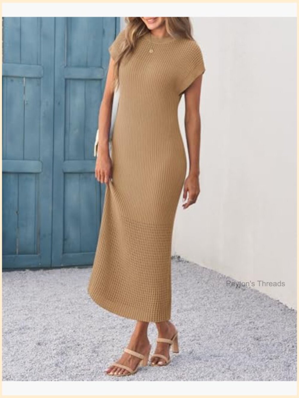 Ribbed Knit Dress Cap Sleeve Crewneck Maxi Casual Summer Beach Vacation - Picture 3 of 7
